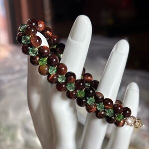 Hand Crafted Bracelet with Red Tiger Eye and Czech Green Crystals 7.5 inches